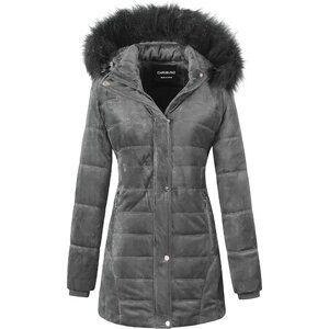 Women's Winter Velvet Puffer Jacket Quilted Coat Dark Gray Faux Fur Hood Fabric